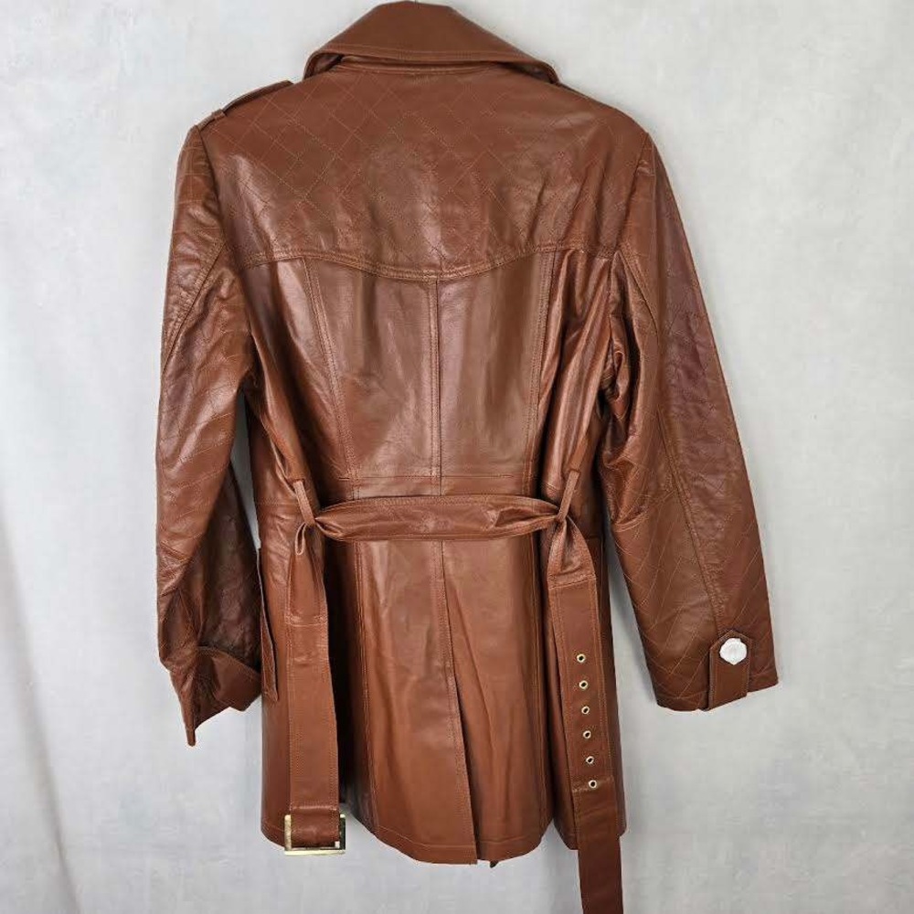 Women's Brown Leather Double-Breasted Trench Coat - Picture 4 of 11
